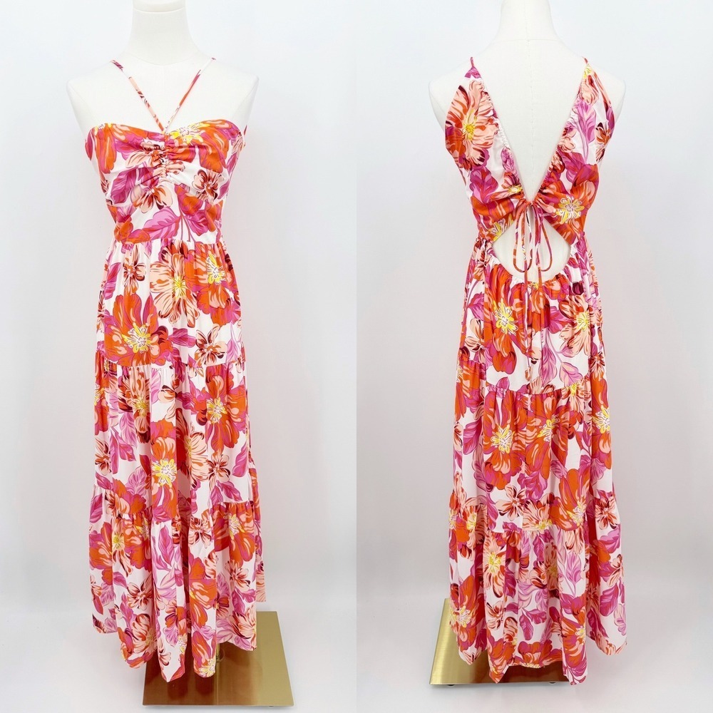 Entro Floral Maxi Dress Pink Orange Open Back Tie Tiered Boho Sundress M Resort